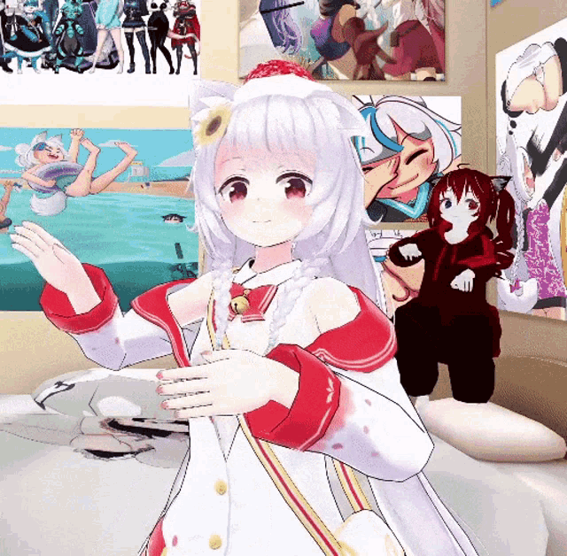 a girl with white hair and red sleeves is standing on a bed in front of a wall of anime posters