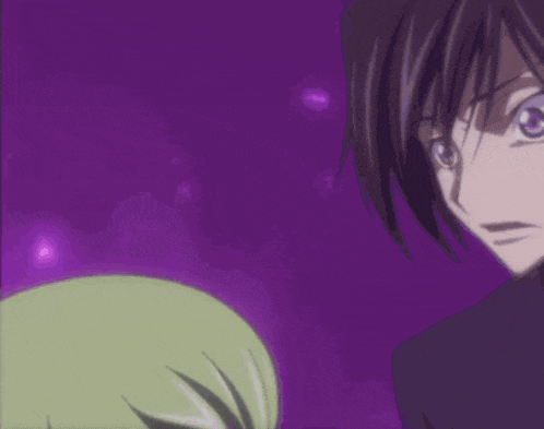 a man and a woman are standing next to each other with purple lights behind them