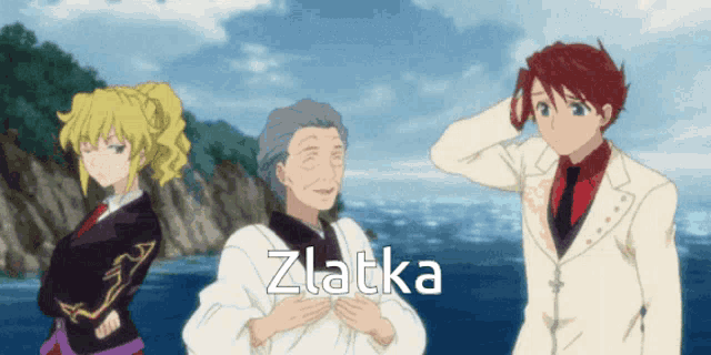 a group of anime characters are standing next to each other and the word zlatka is on the bottom