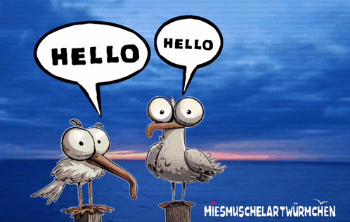 two seagulls are standing next to each other with speech bubbles saying hello