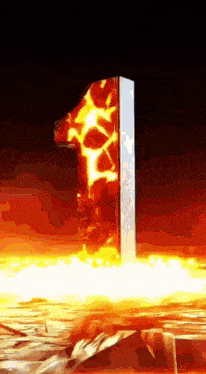 the number 1 is surrounded by flames and explosions