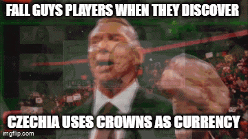 a man in a suit and tie is pointing with the caption fall guys players when they discover czechia uses crowns
