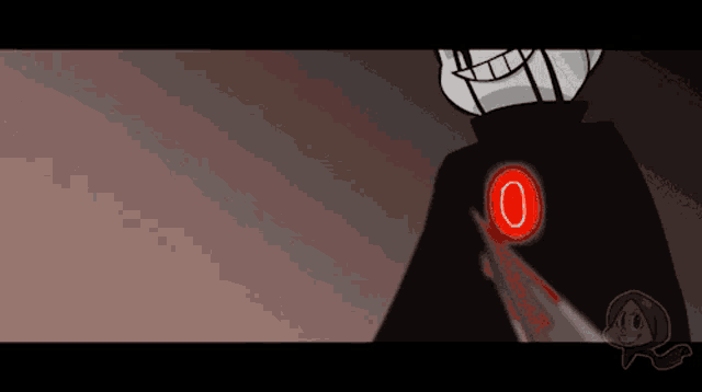 a cartoon character is holding a bloody knife and has a red circle around his neck .