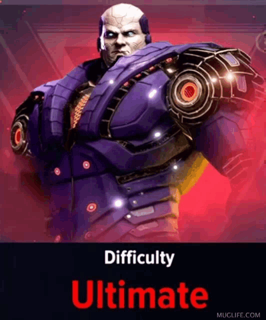 a man in a purple suit has difficulty ultimate written on the bottom