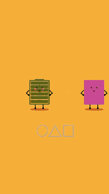 a green square and a pink square are standing next to each other on a yellow background with the letters o and d below them