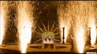 a fireworks display with a picture of a minecraft character in the foreground