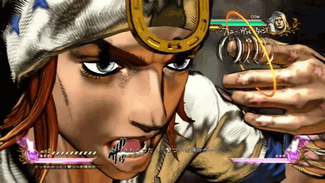 a close up of a person 's face in a video game with a horseshoe on their head