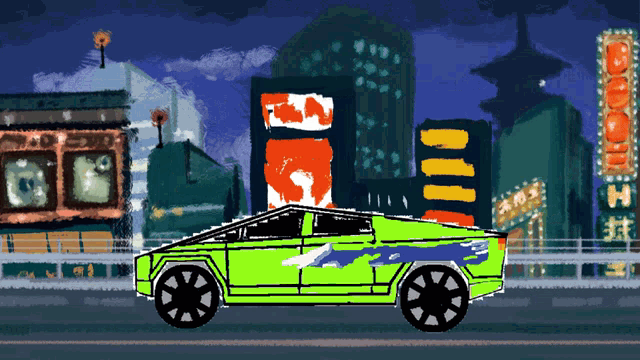 a pixel art drawing of a green car in front of a sign that says ' hot wheels '