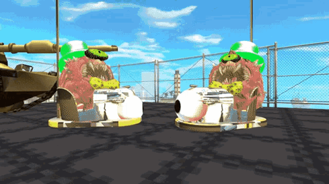 a cartoon drawing of two monsters sitting next to each other with a fence in the background