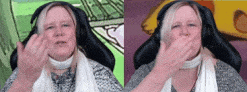 a woman wearing headphones and a scarf covering her mouth