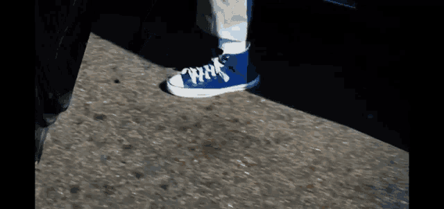 a person wearing a pair of blue and white sneakers