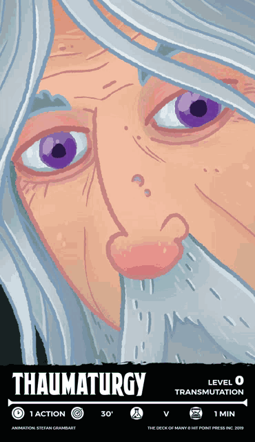 a cartoon drawing of a man with purple eyes and the word traumaturgy