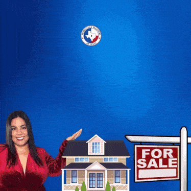 a woman stands next to a for sale sign