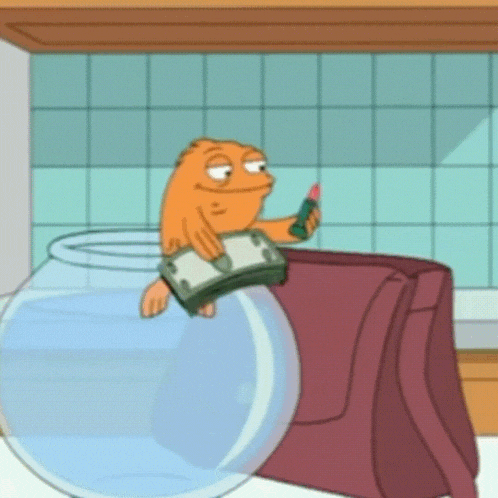 a cartoon character is holding a lipstick and a purse in a fish bowl