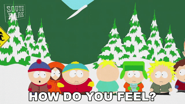 a group of south park characters standing in the snow