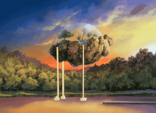 a painting of a floating island with palm trees and a sunset in the background
