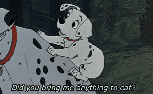 a dalmatian dog is sitting on the back of another dalmatian dog and asking if they brought him anything to eat