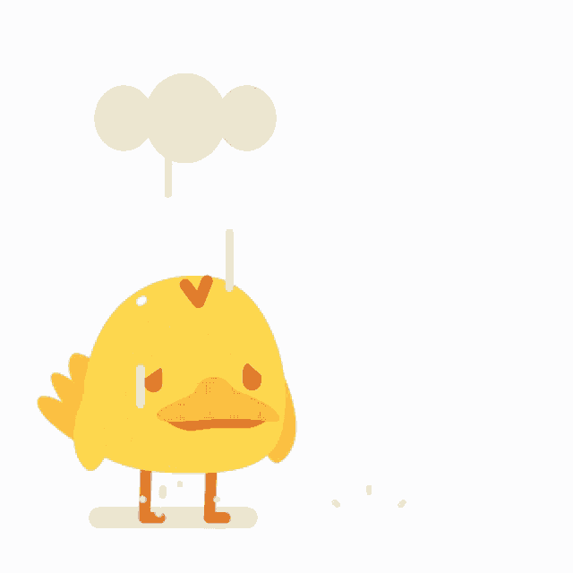 a yellow duck walking in the rain with a cloud in the background