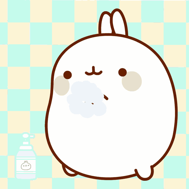 a cartoon drawing of a rabbit with a bottle of hand sanitizer next to it