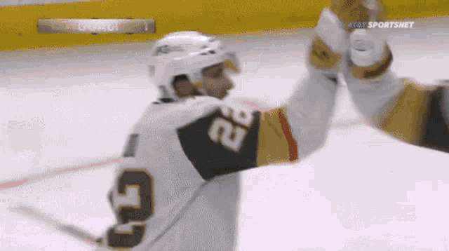 a hockey player with the number 22 on his jersey giving another player a high five