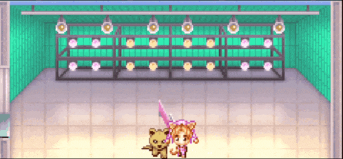 a girl and a teddy bear are standing in a room with shelves