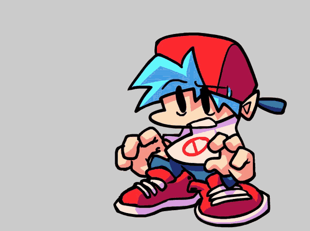 a cartoon character with a red hat and blue hair says what