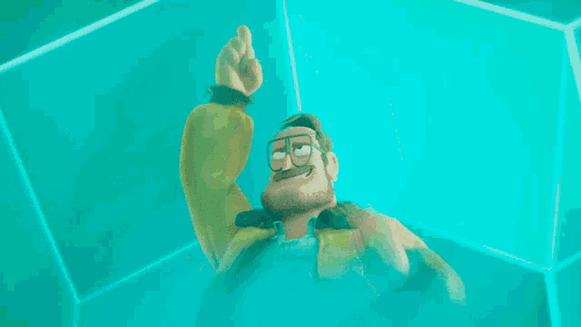 a cartoon character with glasses and a mustache is in a blue cube