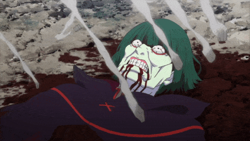 a cartoon character with green hair has blood coming out of his mouth and a cross on his chest