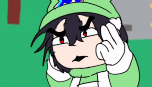 a cartoon character wearing a green hat and scarf is making a funny face .