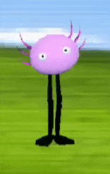 a pink axolotl with black legs is standing in a field .