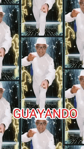 a collage of images of a man in a white suit with the word guayando in red