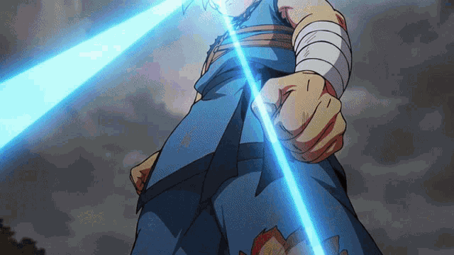 a cartoon character is holding a blue lightning rod
