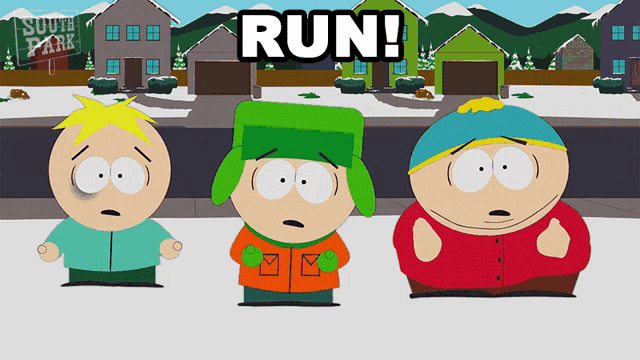 three south park characters are standing in front of a sign that says " south park "