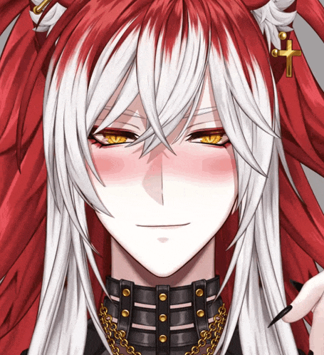 a close up of a person 's face with red and white hair