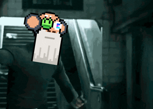 a pixel art drawing of a man standing in front of a refrigerator with a sign that says ' ice ' on it