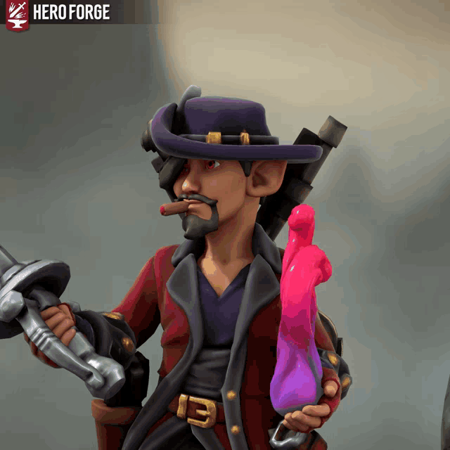 a cartoon character is holding a sword and a pink balloon with the word heroforge behind him