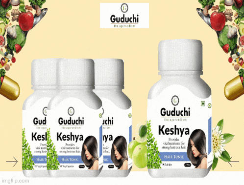 three bottles of guduchi keshya hair tonic are lined up next to each other
