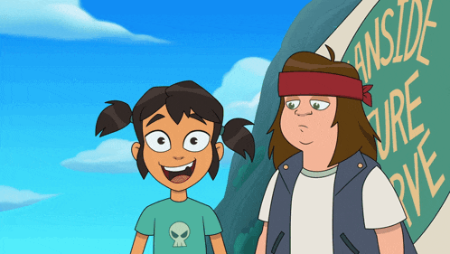 a boy and a girl are standing in front of a sign that says anside