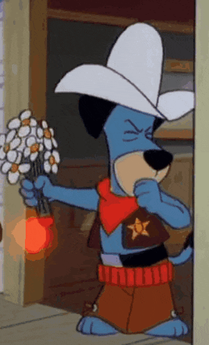 a cartoon dog is wearing a cowboy hat and holding flowers