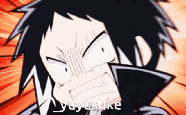 a close up of a person 's face with the name yuyusuke written below it