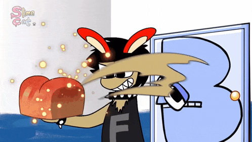 a cartoon character is holding a piece of bread with the letter f on it