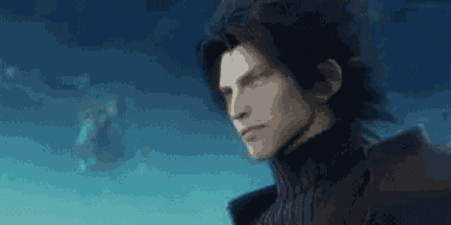 a man with long hair is wearing a turtleneck sweater and looking at the sky .