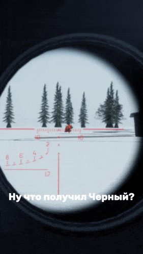 a sniper scope shows a few trees and the words " ну что получил черный " below it