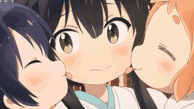 two anime girls kissing each other on the cheeks