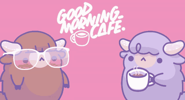a cartoon illustration of a cow and a sheep with the words " good morning cafe " above them