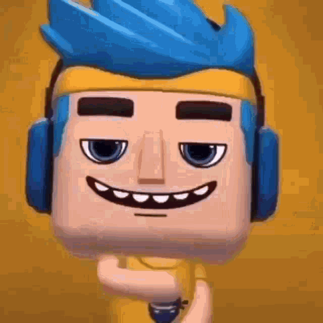 a cartoon character with blue hair and headphones is smiling and holding a microphone .