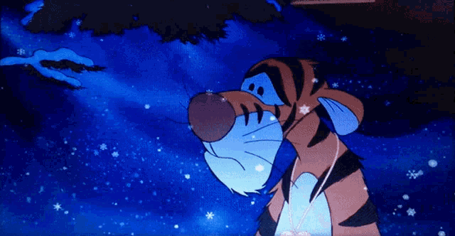 tigger from winnie the pooh is standing in the snow with snowflakes falling around him