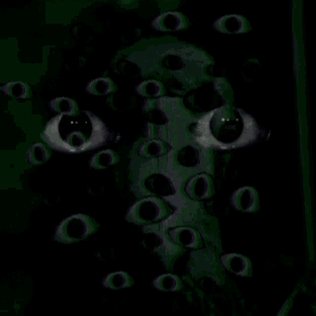 a collage of images of a person with many eyes on them