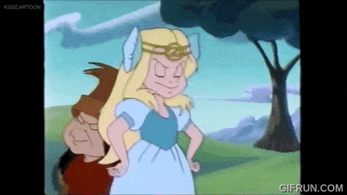 a cartoon of a girl in a blue dress with a crown on her head standing next to a man .