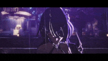 a girl with purple hair is standing in the rain with a sign that says ' shrine ' on it in the background